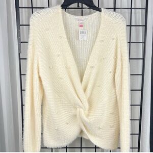 No Boundaries Cream V-Neck Sweater with Pearl Details